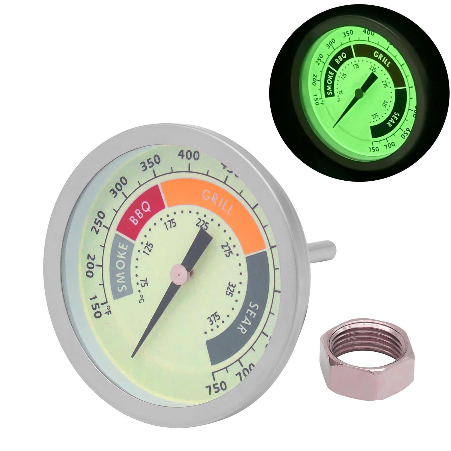 GLOWYE 3 1/8” Luminous BBQ Thermometer Gauge for CharBroil Oklahoma Joe’s Smokers, Weber, Royal Gourmet, Char-Griller and Most Charcoal Grills, 1/2 NPT Stainless Steel Grill Temperature Gauge - CookCave
