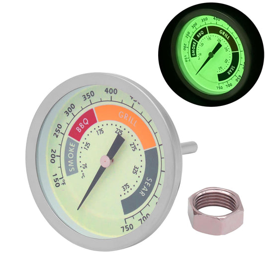 GLOWYE 3 1/8” Luminous BBQ Thermometer Gauge for CharBroil Oklahoma Joe’s Smokers, Weber, Royal Gourmet, Char-Griller and Most Charcoal Grills, 1/2 NPT Stainless Steel Grill Temperature Gauge - CookCave