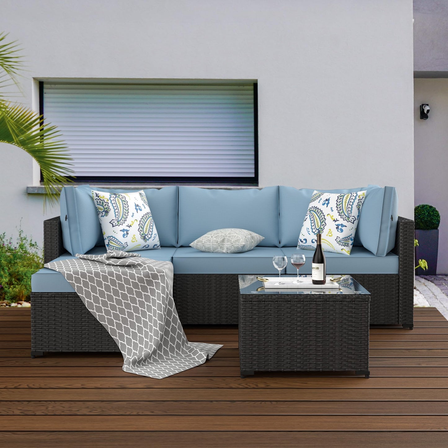 GOJOOASIS Patio Furniture Set Outdoor Sectional Sofa with Ottoman Wicker Couch Rattan Modular Seating Conversation Sets Porch Decor for Backyard, Balcony, Garden (Blue A) - CookCave