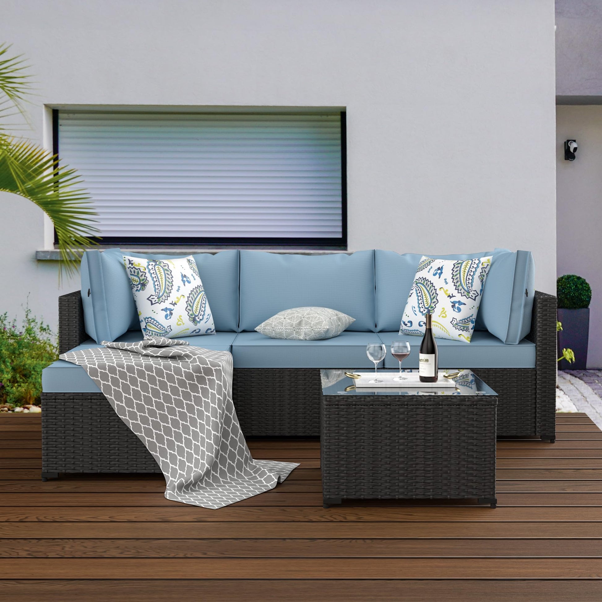 GOJOOASIS Patio Furniture Set Outdoor Sectional Sofa with Ottoman Wicker Couch Rattan Modular Seating Conversation Sets Porch Decor for Backyard, Balcony, Garden (Blue A) - CookCave