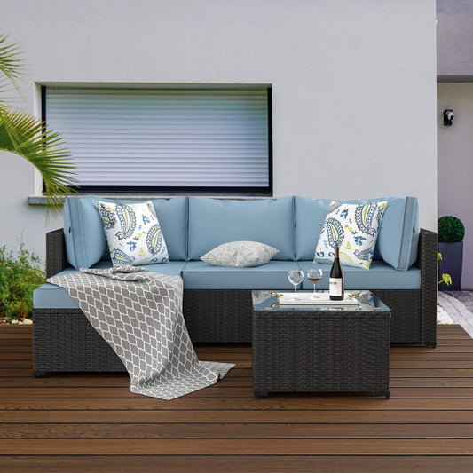 GOJOOASIS Patio Furniture Set Outdoor Sectional Sofa with Ottoman Wicker Couch Rattan Modular Seating Conversation Sets Porch Decor for Backyard, Balcony, Garden (Blue A) - CookCave