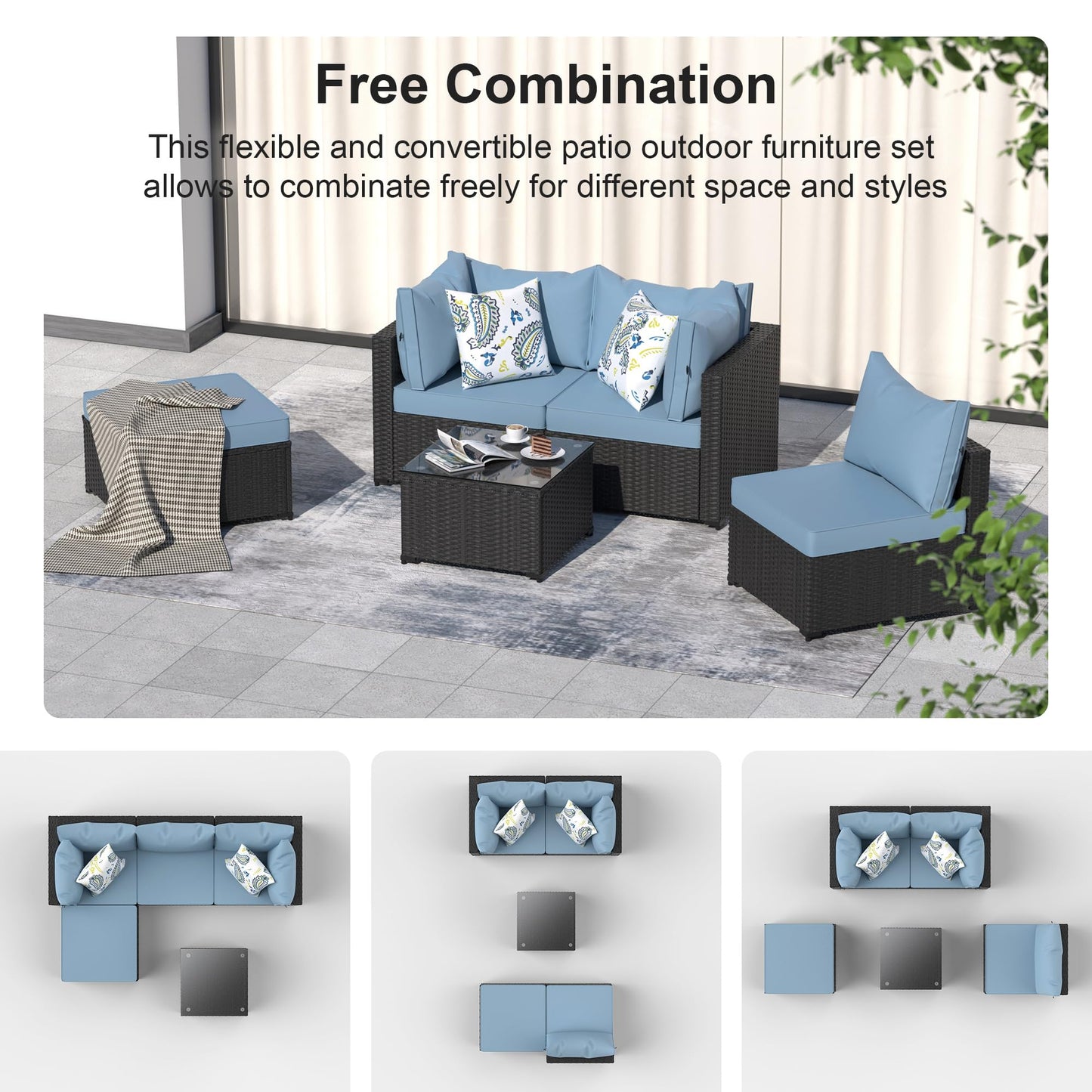 GOJOOASIS Patio Furniture Set Outdoor Sectional Sofa with Ottoman Wicker Couch Rattan Modular Seating Conversation Sets Porch Decor for Backyard, Balcony, Garden (Blue A) - CookCave