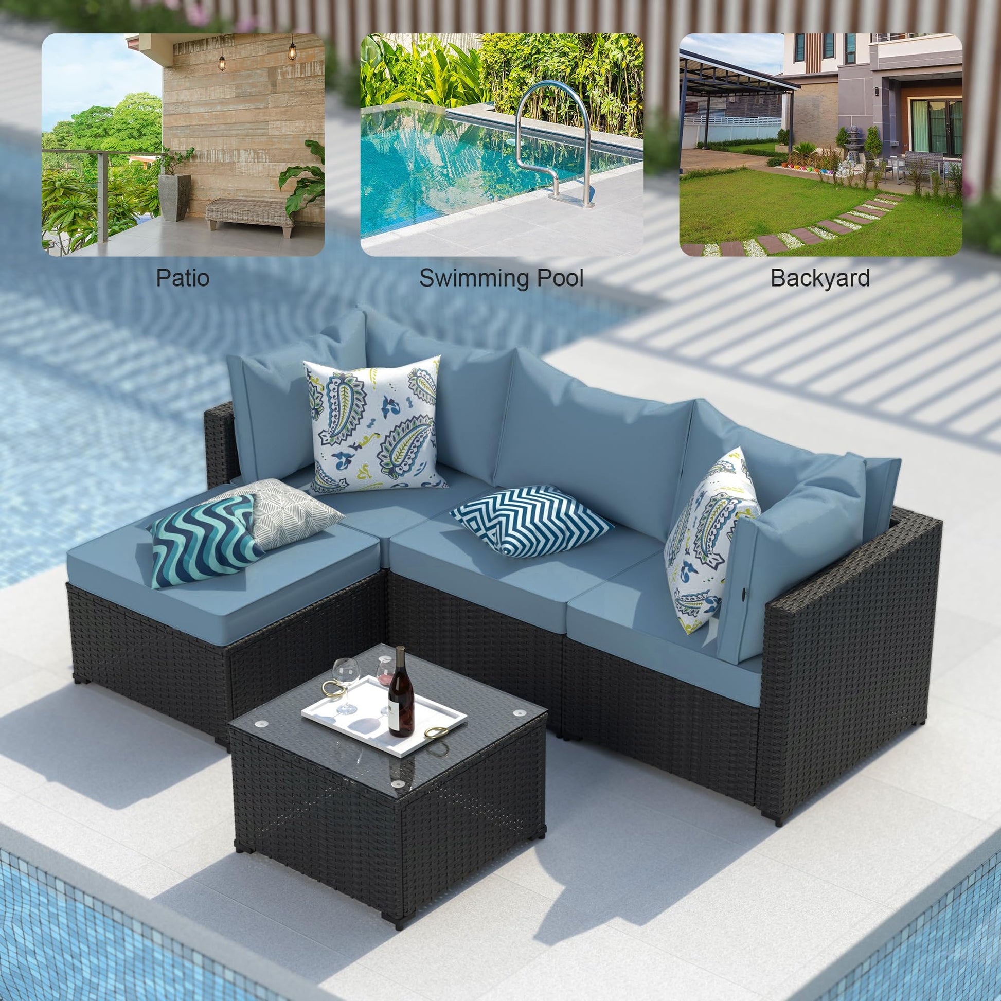 GOJOOASIS Patio Furniture Set Outdoor Sectional Sofa with Ottoman Wicker Couch Rattan Modular Seating Conversation Sets Porch Decor for Backyard, Balcony, Garden (Blue A) - CookCave