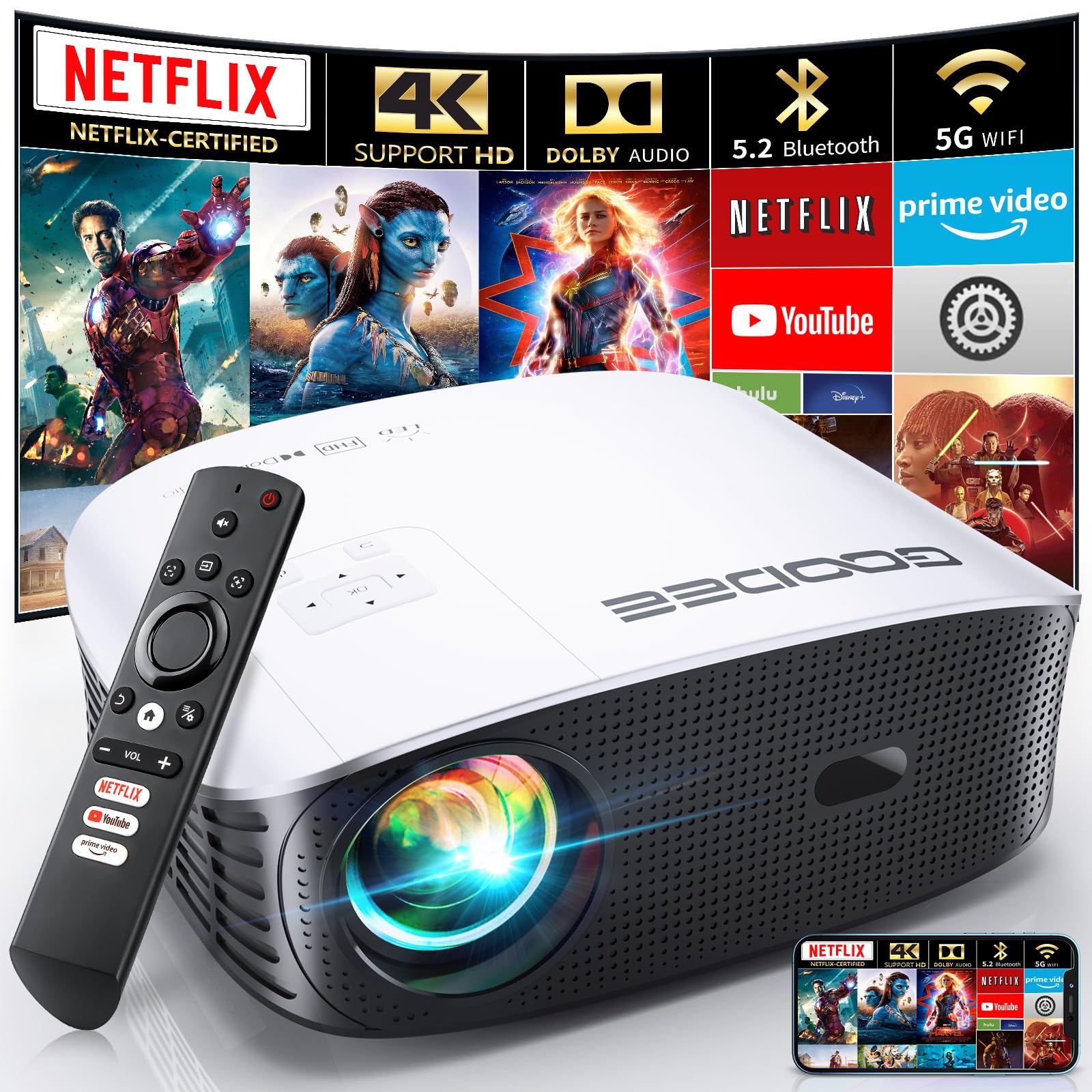 GooDee Smart 4K Projector with 5G WIFI and Bluetooth, Netflix/Amazn Prime Video Certified, Dolby Audio, 800ANSI Outdoor Projector, 400" Zoom Home Theater Projector Compatible with TV Stick,iOS,Android - CookCave