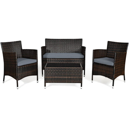 Goplus 4-Piece Rattan Patio Set, Outdoor/Indoor Wicker Conversation Set for Pool, Backyard, Lawn, Wicker Chairs and Sofa with Soft Cushion, Rattan Furniture with Tempered Glass Coffee Table - CookCave