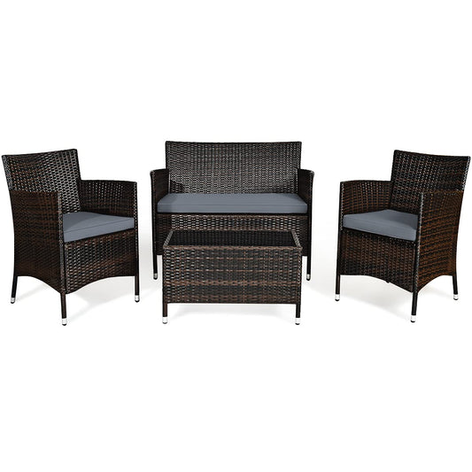 Goplus 4-Piece Rattan Patio Set, Outdoor/Indoor Wicker Conversation Set for Pool, Backyard, Lawn, Wicker Chairs and Sofa with Soft Cushion, Rattan Furniture with Tempered Glass Coffee Table - CookCave