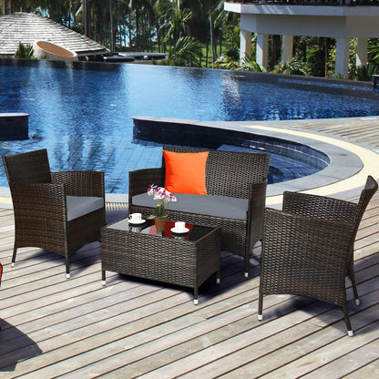 Goplus 4-Piece Rattan Patio Set, Outdoor/Indoor Wicker Conversation Set for Pool, Backyard, Lawn, Wicker Chairs and Sofa with Soft Cushion, Rattan Furniture with Tempered Glass Coffee Table - CookCave
