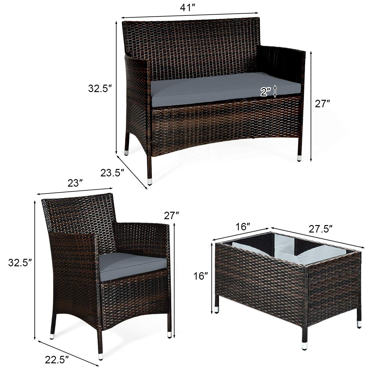 Goplus 4-Piece Rattan Patio Set, Outdoor/Indoor Wicker Conversation Set for Pool, Backyard, Lawn, Wicker Chairs and Sofa with Soft Cushion, Rattan Furniture with Tempered Glass Coffee Table - CookCave