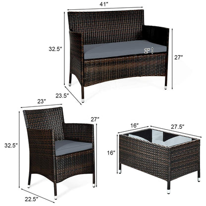 Goplus 4-Piece Rattan Patio Set, Outdoor/Indoor Wicker Conversation Set for Pool, Backyard, Lawn, Wicker Chairs and Sofa with Soft Cushion, Rattan Furniture with Tempered Glass Coffee Table - CookCave