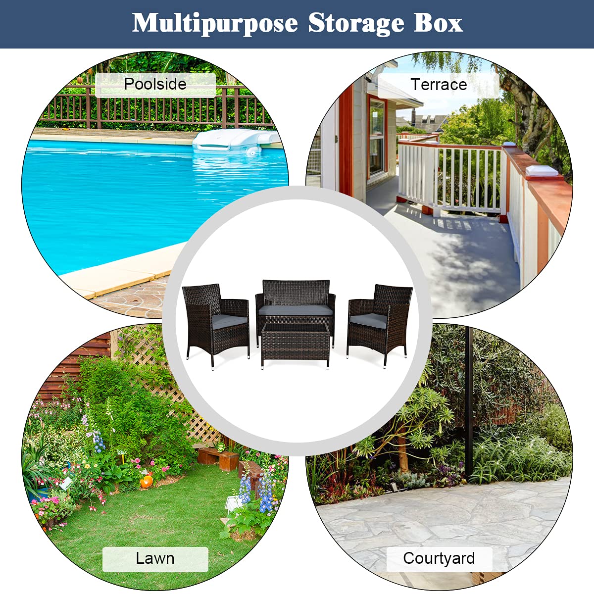 Goplus 4-Piece Rattan Patio Set, Outdoor/Indoor Wicker Conversation Set for Pool, Backyard, Lawn, Wicker Chairs and Sofa with Soft Cushion, Rattan Furniture with Tempered Glass Coffee Table - CookCave