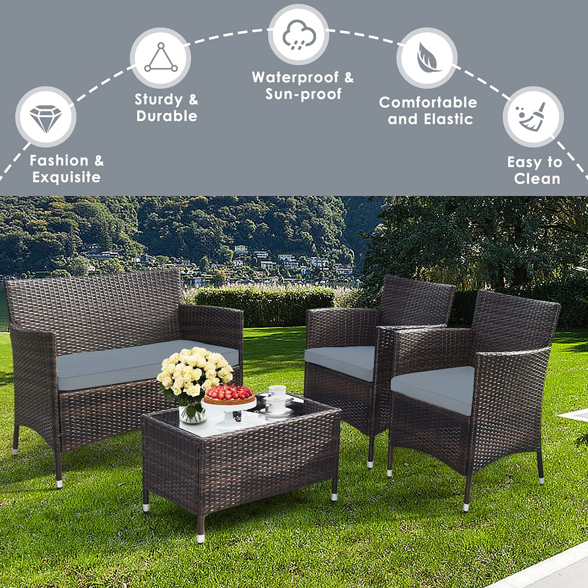 Goplus 4-Piece Rattan Patio Set, Outdoor/Indoor Wicker Conversation Set for Pool, Backyard, Lawn, Wicker Chairs and Sofa with Soft Cushion, Rattan Furniture with Tempered Glass Coffee Table - CookCave