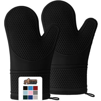GORILLA GRIP Heat Resistant Durable Silicone Oven Mitts, BPA-Free Protective Grilling Potholders, Soft Cotton Lining, Flexible Waterproof Cooking Mitt Set, Kitchen Home Essentials, 12.5x8.3, Black - CookCave