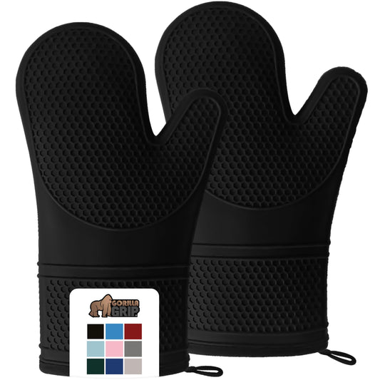 GORILLA GRIP Heat Resistant Durable Silicone Oven Mitts, BPA-Free Protective Grilling Potholders, Soft Cotton Lining, Flexible Waterproof Cooking Mitt Set, Kitchen Home Essentials, 12.5x8.3, Black - CookCave