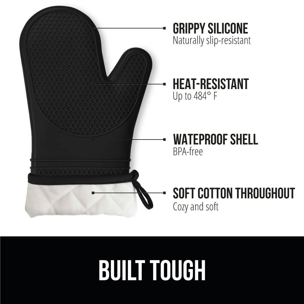 GORILLA GRIP Heat Resistant Durable Silicone Oven Mitts, BPA-Free Protective Grilling Potholders, Soft Cotton Lining, Flexible Waterproof Cooking Mitt Set, Kitchen Home Essentials, 12.5x8.3, Black - CookCave