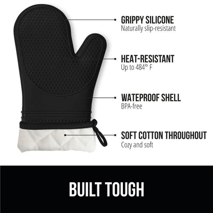 GORILLA GRIP Heat Resistant Durable Silicone Oven Mitts, BPA-Free Protective Grilling Potholders, Soft Cotton Lining, Flexible Waterproof Cooking Mitt Set, Kitchen Home Essentials, 12.5x8.3, Black - CookCave