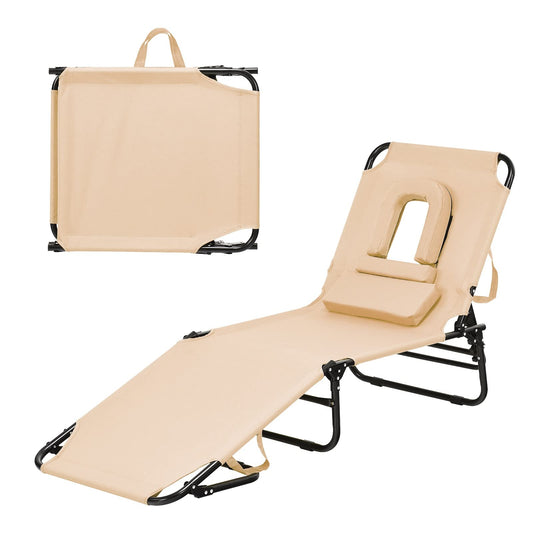 gotoplay Folding Beach Lounge Chair w/ 5 Adjutable Backrest & Padded Pillow, Sunbathing Lounger Chair, Sun Tanning Lay Flat Chair for Seaside Pool Deck, Max Load 330 LBS, No Assembly Required (Beige) - CookCave
