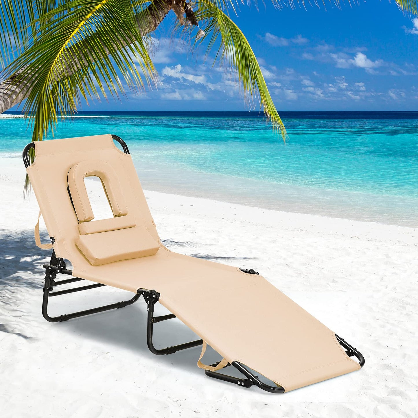 gotoplay Folding Beach Lounge Chair w/ 5 Adjutable Backrest & Padded Pillow, Sunbathing Lounger Chair, Sun Tanning Lay Flat Chair for Seaside Pool Deck, Max Load 330 LBS, No Assembly Required (Beige) - CookCave