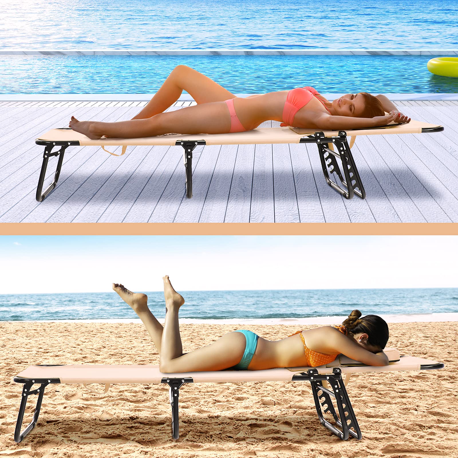 gotoplay Folding Beach Lounge Chair w/ 5 Adjutable Backrest & Padded Pillow, Sunbathing Lounger Chair, Sun Tanning Lay Flat Chair for Seaside Pool Deck, Max Load 330 LBS, No Assembly Required (Beige) - CookCave