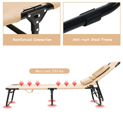 gotoplay Folding Beach Lounge Chair w/ 5 Adjutable Backrest & Padded Pillow, Sunbathing Lounger Chair, Sun Tanning Lay Flat Chair for Seaside Pool Deck, Max Load 330 LBS, No Assembly Required (Beige) - CookCave