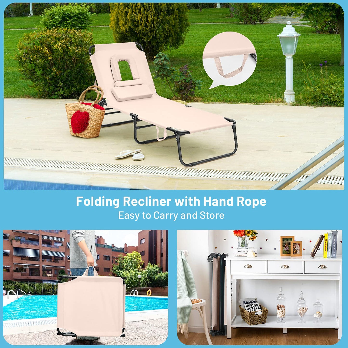 gotoplay Folding Beach Lounge Chair w/ 5 Adjutable Backrest & Padded Pillow, Sunbathing Lounger Chair, Sun Tanning Lay Flat Chair for Seaside Pool Deck, Max Load 330 LBS, No Assembly Required (Beige) - CookCave