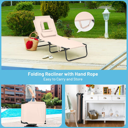 gotoplay Folding Beach Lounge Chair w/ 5 Adjutable Backrest & Padded Pillow, Sunbathing Lounger Chair, Sun Tanning Lay Flat Chair for Seaside Pool Deck, Max Load 330 LBS, No Assembly Required (Beige) - CookCave