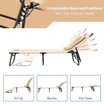 gotoplay Folding Beach Lounge Chair w/ 5 Adjutable Backrest & Padded Pillow, Sunbathing Lounger Chair, Sun Tanning Lay Flat Chair for Seaside Pool Deck, Max Load 330 LBS, No Assembly Required (Beige) - CookCave