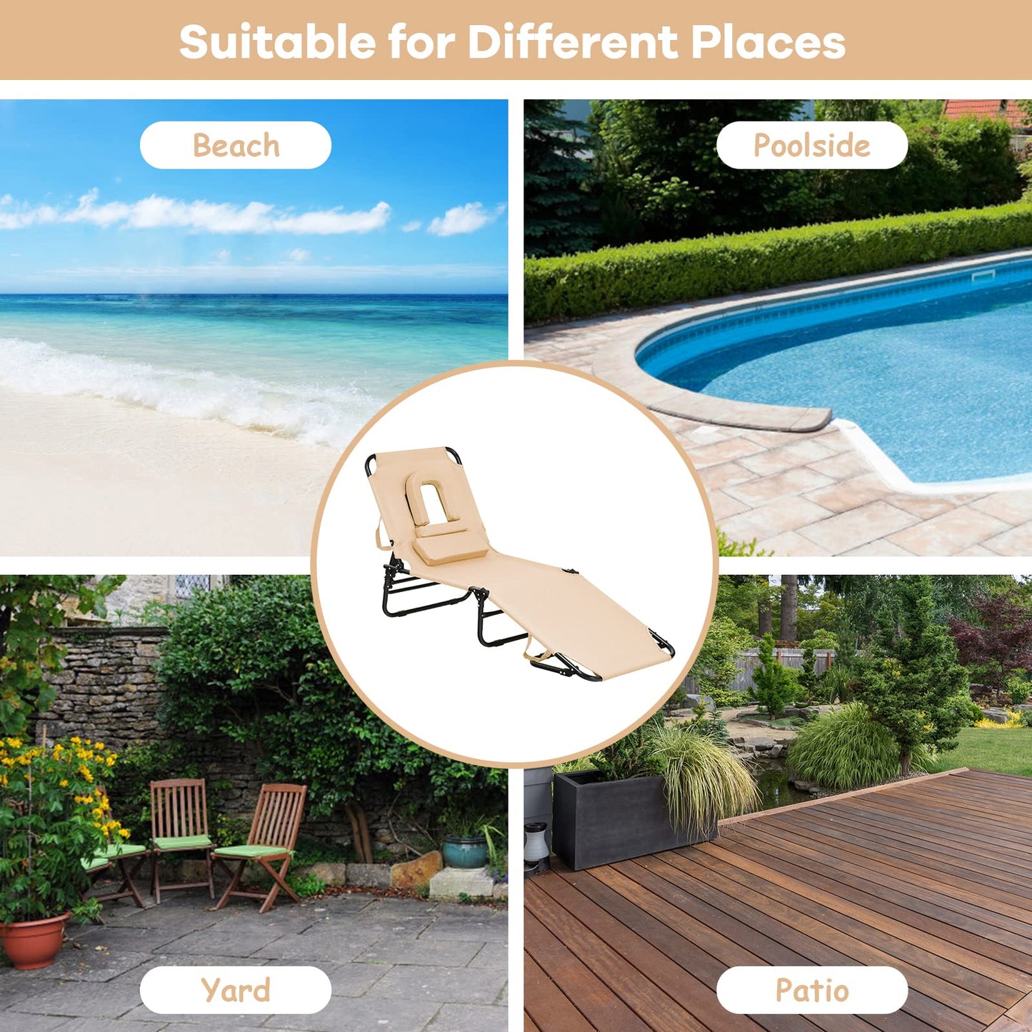 gotoplay Folding Beach Lounge Chair w/ 5 Adjutable Backrest & Padded Pillow, Sunbathing Lounger Chair, Sun Tanning Lay Flat Chair for Seaside Pool Deck, Max Load 330 LBS, No Assembly Required (Beige) - CookCave