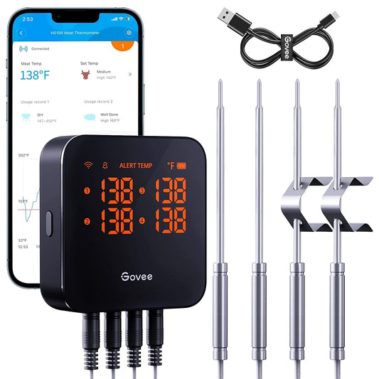 Govee Wireless Meat Thermometer with 4 Probe, Smart WiFi Meat Thermometer with Unlimited Range App Notification Alert, Digital Rechargeable Bluetooth Food Thermometer for Smoker BBQ Grill Oven Kitchen - CookCave