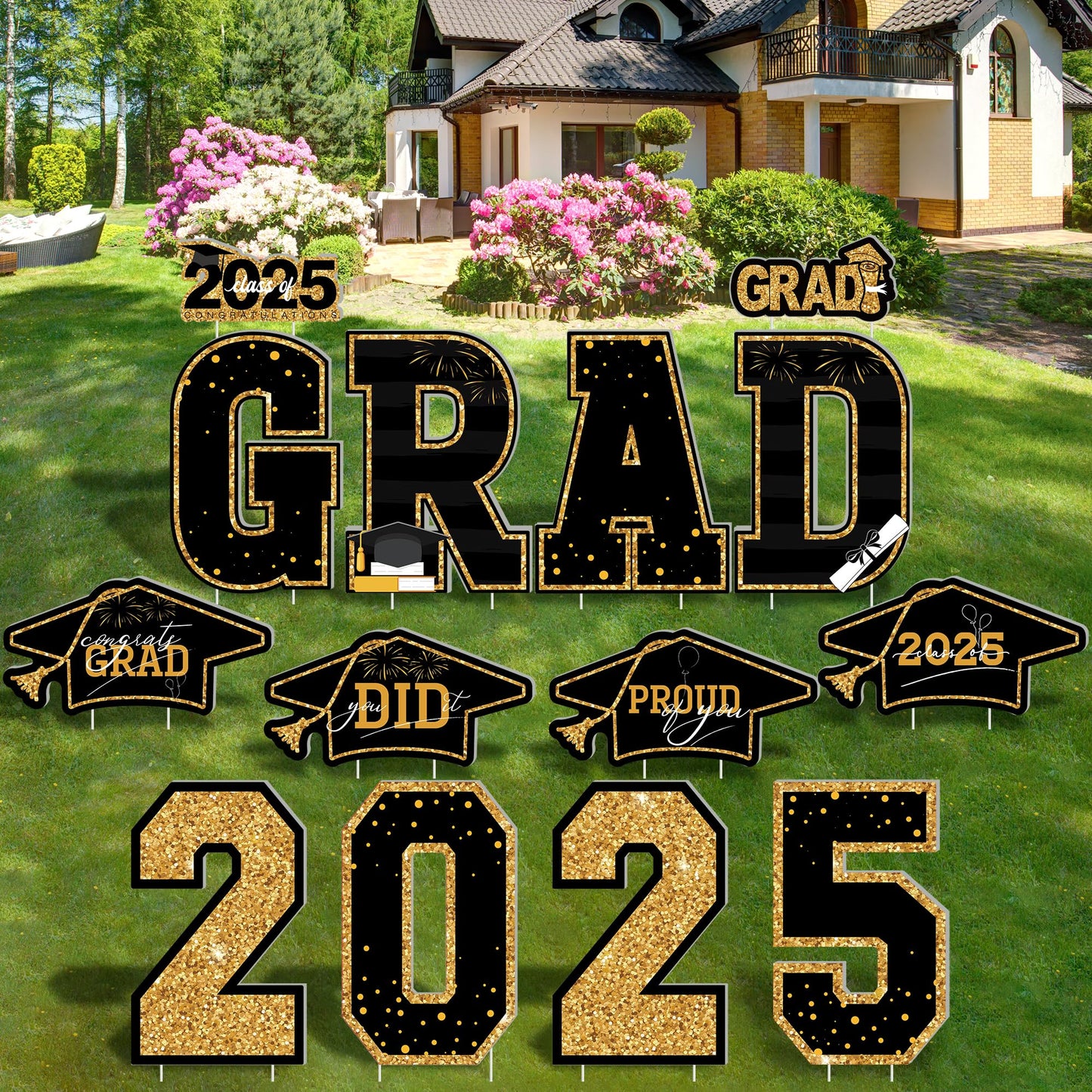 Graduation Yard Sign, 14 PCS Black Gold Large Congrats Grad Lawn Stakes, Class of 2025 Yard Signs with Stakes, Graduation Party Decorations Outdoor, Graduation Yard Decor for College High School - CookCave
