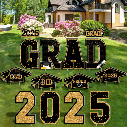 Graduation Yard Sign, 14 PCS Black Gold Large Congrats Grad Lawn Stakes, Class of 2025 Yard Signs with Stakes, Graduation Party Decorations Outdoor, Graduation Yard Decor for College High School - CookCave