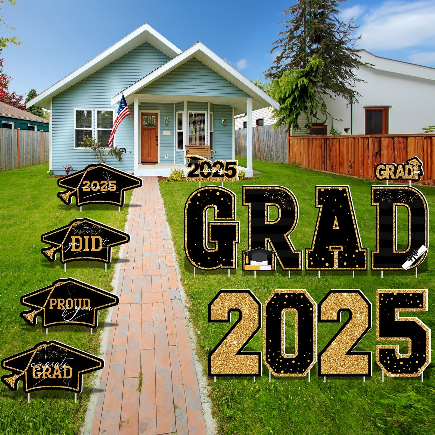 Graduation Yard Sign, 14 PCS Black Gold Large Congrats Grad Lawn Stakes, Class of 2025 Yard Signs with Stakes, Graduation Party Decorations Outdoor, Graduation Yard Decor for College High School - CookCave