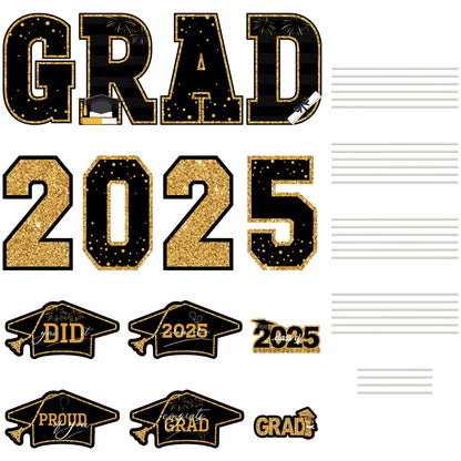 Graduation Yard Sign, 14 PCS Black Gold Large Congrats Grad Lawn Stakes, Class of 2025 Yard Signs with Stakes, Graduation Party Decorations Outdoor, Graduation Yard Decor for College High School - CookCave