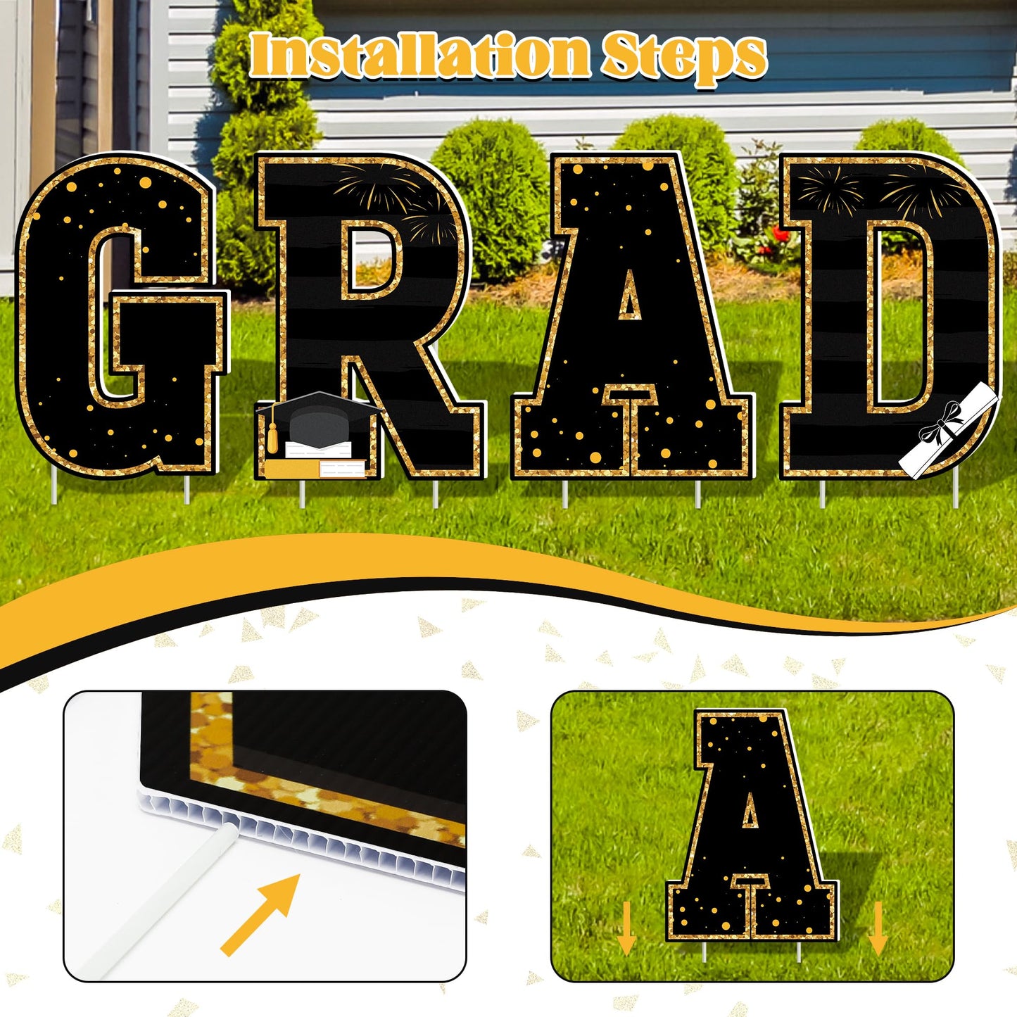 Graduation Yard Sign, 14 PCS Black Gold Large Congrats Grad Lawn Stakes, Class of 2025 Yard Signs with Stakes, Graduation Party Decorations Outdoor, Graduation Yard Decor for College High School - CookCave