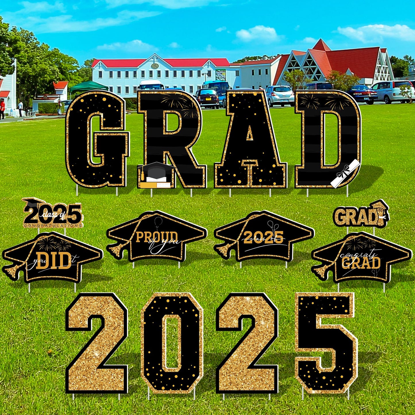 Graduation Yard Sign, 14 PCS Black Gold Large Congrats Grad Lawn Stakes, Class of 2025 Yard Signs with Stakes, Graduation Party Decorations Outdoor, Graduation Yard Decor for College High School - CookCave