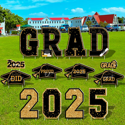 Graduation Yard Sign, 14 PCS Black Gold Large Congrats Grad Lawn Stakes, Class of 2025 Yard Signs with Stakes, Graduation Party Decorations Outdoor, Graduation Yard Decor for College High School - CookCave