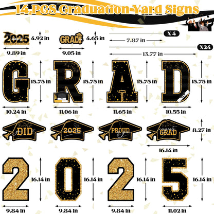 Graduation Yard Sign, 14 PCS Black Gold Large Congrats Grad Lawn Stakes, Class of 2025 Yard Signs with Stakes, Graduation Party Decorations Outdoor, Graduation Yard Decor for College High School - CookCave