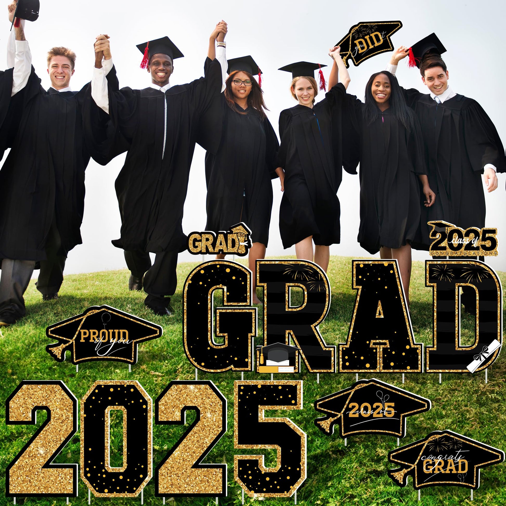 Graduation Yard Sign, 14 PCS Black Gold Large Congrats Grad Lawn Stakes, Class of 2025 Yard Signs with Stakes, Graduation Party Decorations Outdoor, Graduation Yard Decor for College High School - CookCave