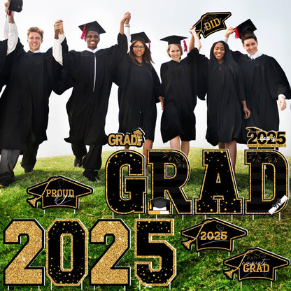 Graduation Yard Sign, 14 PCS Black Gold Large Congrats Grad Lawn Stakes, Class of 2025 Yard Signs with Stakes, Graduation Party Decorations Outdoor, Graduation Yard Decor for College High School - CookCave