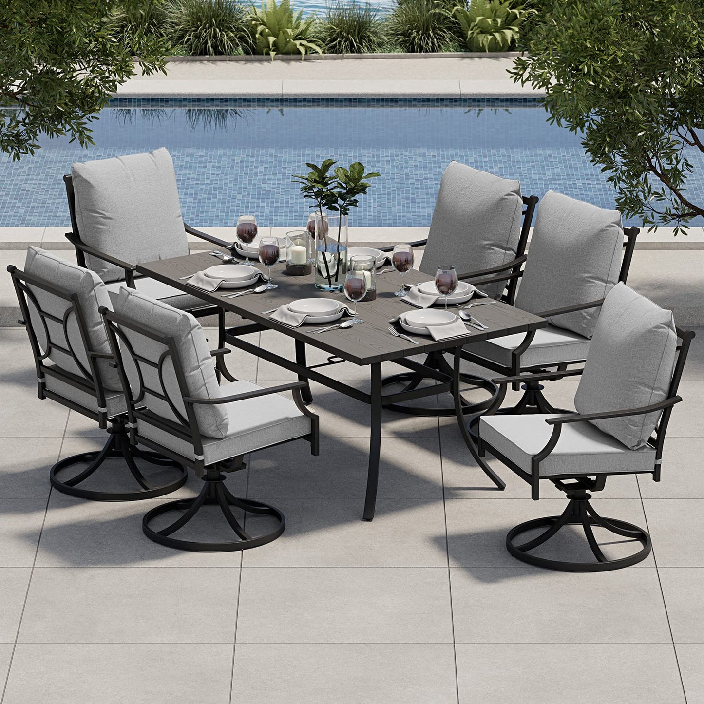Grand patio 7-Piece Patio Dining Set for 6, E-Coated Outdoor Dining Set Swivel Patio Dining Chairs with Olefin Cushions & 1 Black Rectangular Faux Woodgrain Dining Table with 1.5”Market Umbrella Hole - CookCave