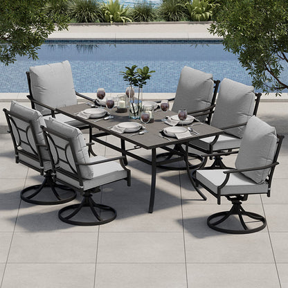 Grand patio 7-Piece Patio Dining Set for 6, E-Coated Outdoor Dining Set Swivel Patio Dining Chairs with Olefin Cushions & 1 Black Rectangular Faux Woodgrain Dining Table with 1.5”Market Umbrella Hole - CookCave