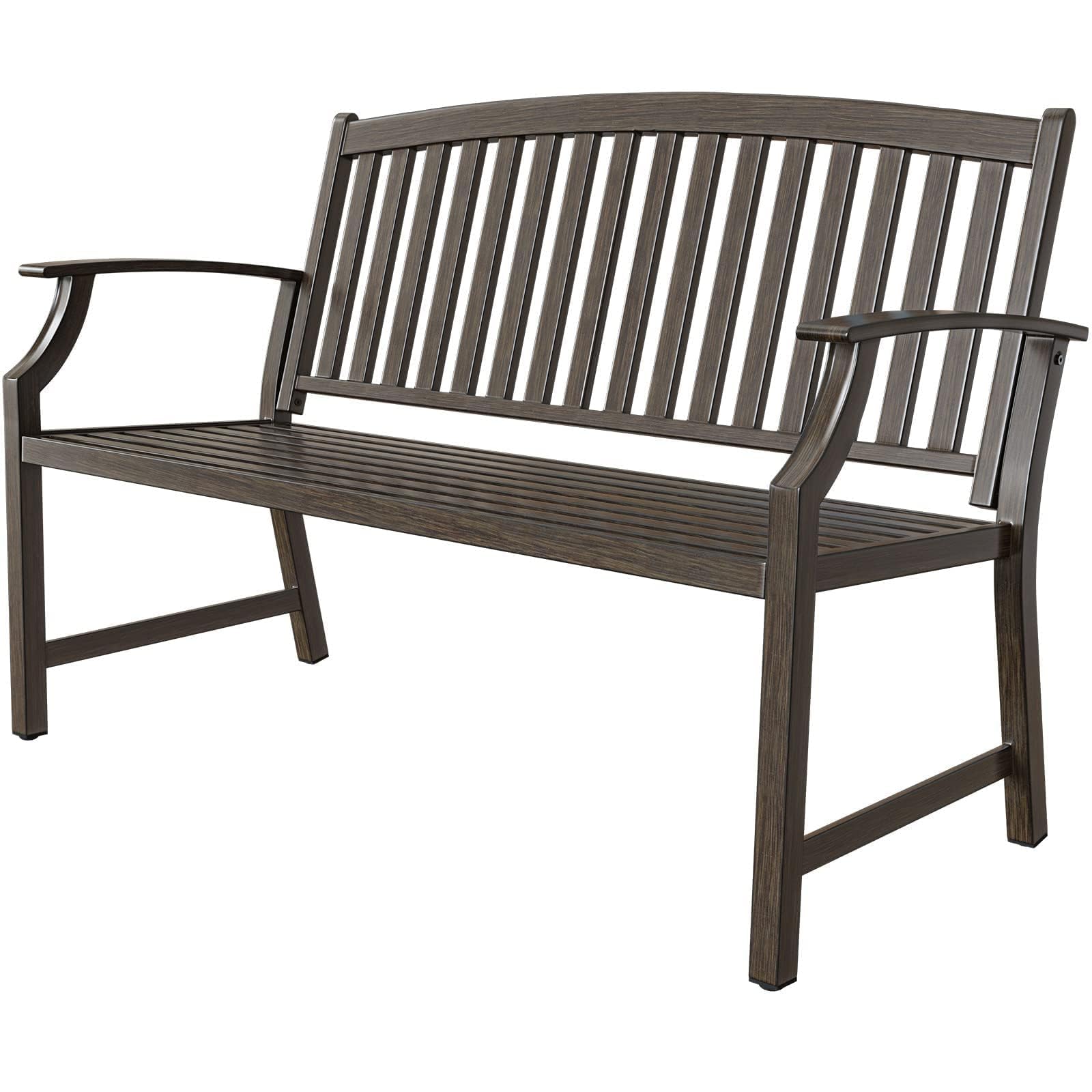 Grand patio Farmhouse Outdoor Bench, Garden Benches with Anti-Rust Aluminum Powder Coated Frame, Faux Wood Grain Finish Frame Patio Bench for Front Porch, Northwoods Brown - CookCave
