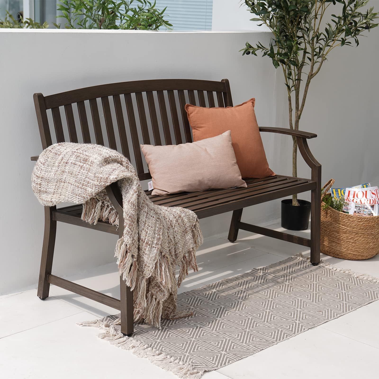 Grand patio Farmhouse Outdoor Bench, Garden Benches with Anti-Rust Aluminum Powder Coated Frame, Faux Wood Grain Finish Frame Patio Bench for Front Porch, Northwoods Brown - CookCave