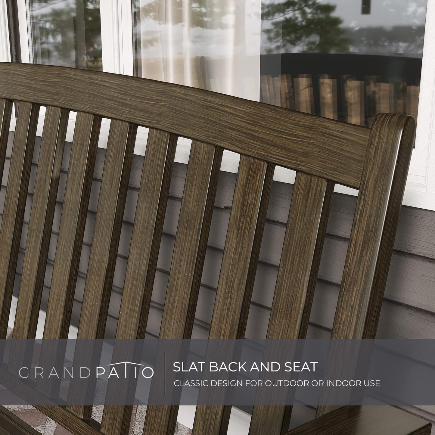 Grand patio Farmhouse Outdoor Bench, Garden Benches with Anti-Rust Aluminum Powder Coated Frame, Faux Wood Grain Finish Frame Patio Bench for Front Porch, Northwoods Brown - CookCave