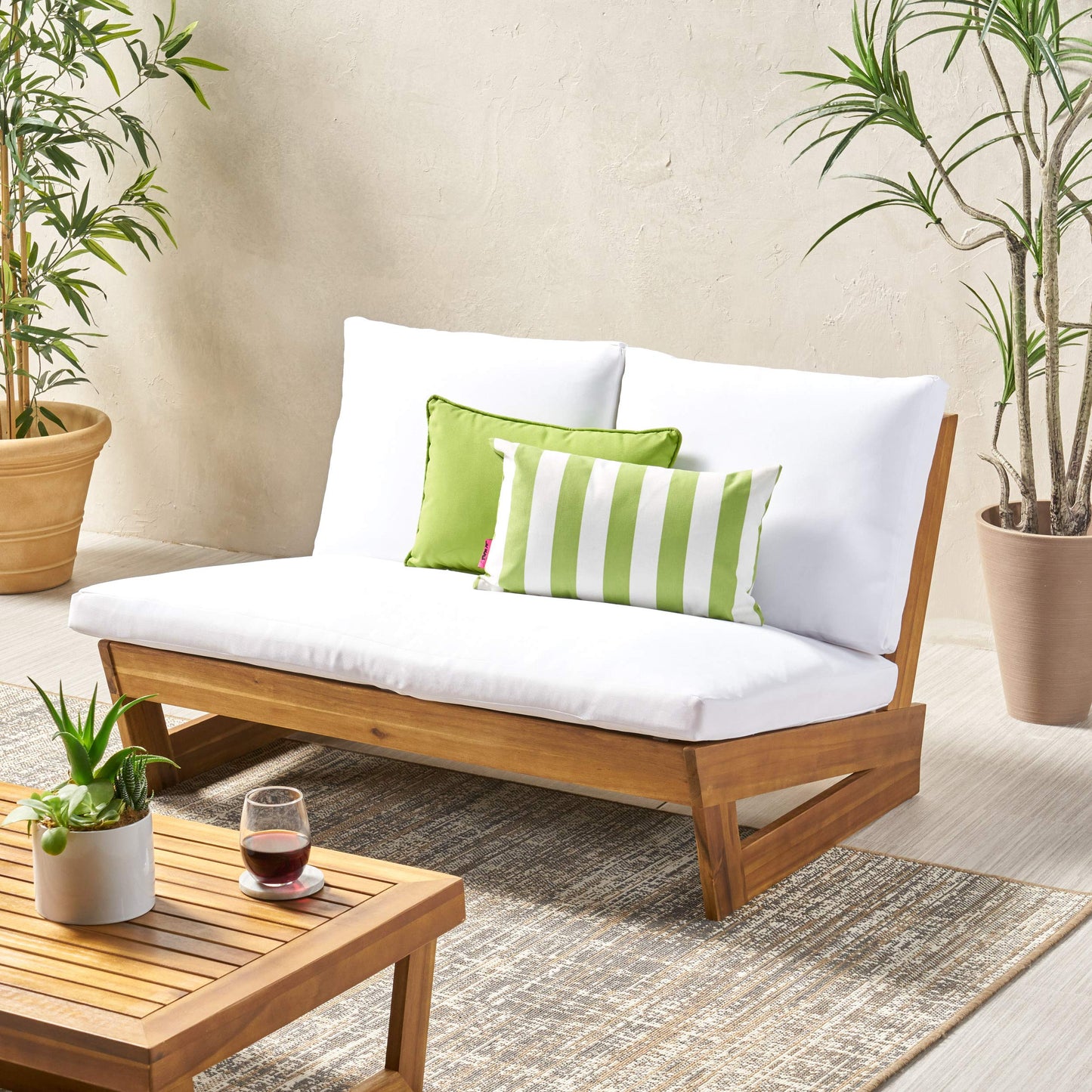 Great Deal Furniture Kaitlyn Outdoor Acacia Wood Loveseat with Cushions, Teak and White - CookCave