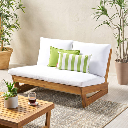 Great Deal Furniture Kaitlyn Outdoor Acacia Wood Loveseat with Cushions, Teak and White - CookCave