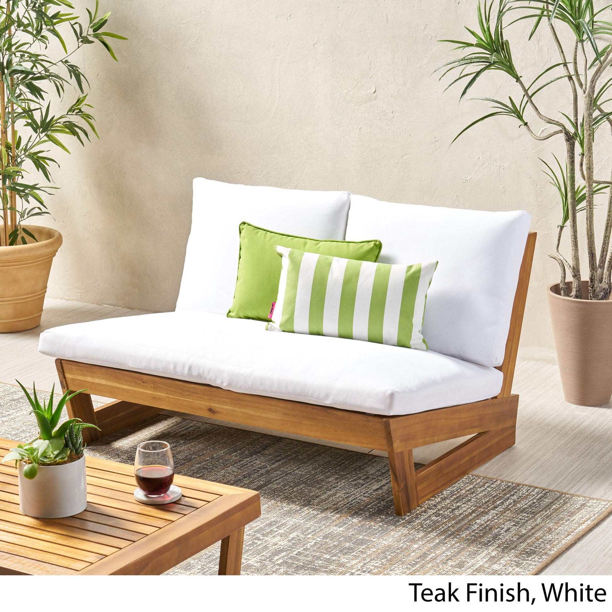 Great Deal Furniture Kaitlyn Outdoor Acacia Wood Loveseat with Cushions, Teak and White - CookCave