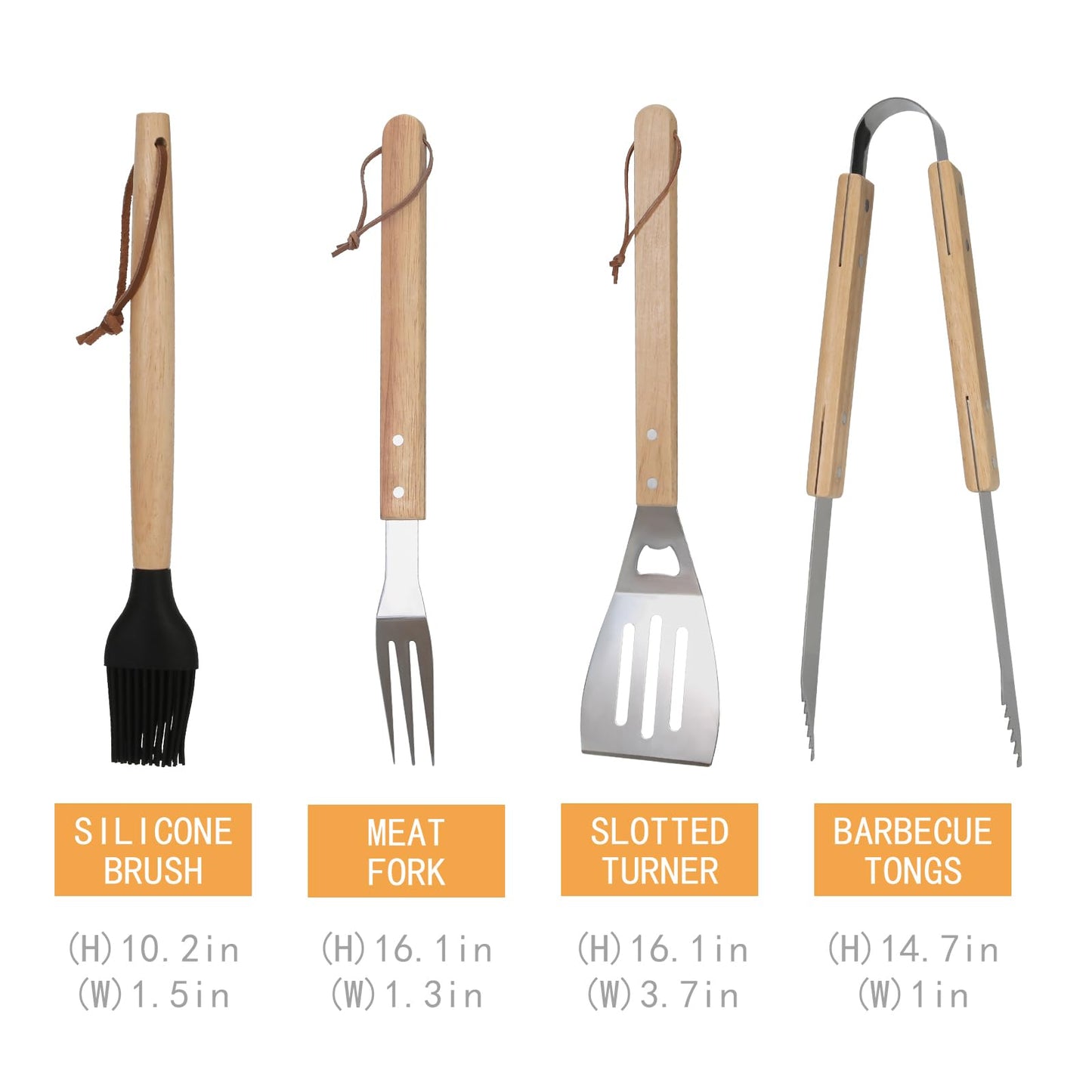 GreatChef Barbecue Grilling Utensils Set of 4, Stainless Steel Tools with Wood Handle, Meat Fork, Slotted Turner, Barbecue Tongs & Silicone Brush, Good BBQ Accessories for Outdoor, Camping & Party - CookCave