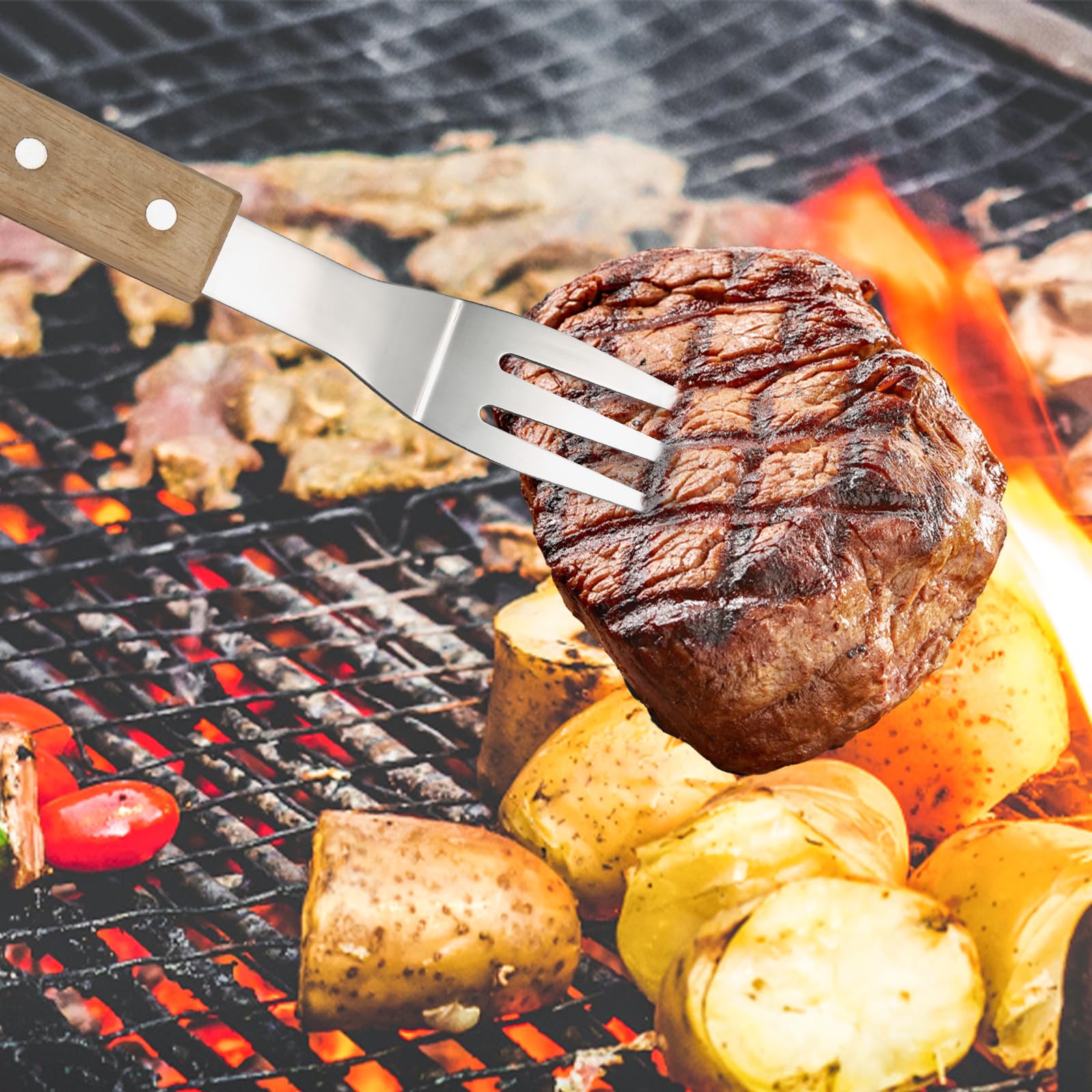 GreatChef Barbecue Grilling Utensils Set of 4, Stainless Steel Tools with Wood Handle, Meat Fork, Slotted Turner, Barbecue Tongs & Silicone Brush, Good BBQ Accessories for Outdoor, Camping & Party - CookCave