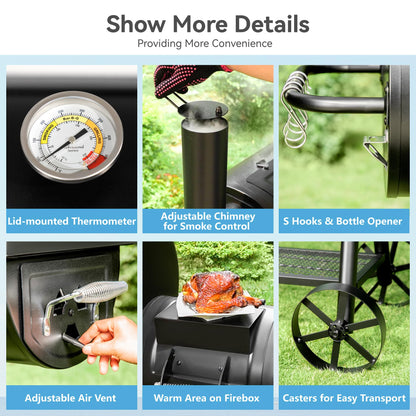 GREEN PARTY Offset Smoker Charcoal Grills with 37-Inch Cook Chamber, Barrel Smoker and Charcoal Grill Combo, 941 Sq. In. Space Barrel Charcoal Smoker Grill for Outdoor BBQ Patio Backyard Cooking - CookCave