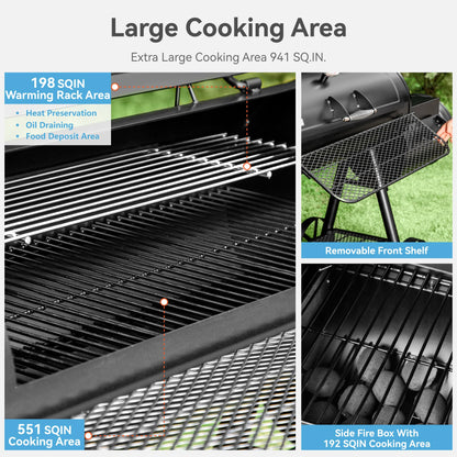 GREEN PARTY Offset Smoker Charcoal Grills with 37-Inch Cook Chamber, Barrel Smoker and Charcoal Grill Combo, 941 Sq. In. Space Barrel Charcoal Smoker Grill for Outdoor BBQ Patio Backyard Cooking - CookCave